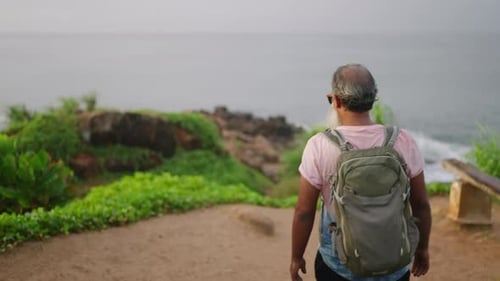 Homem sênior do Bipoc percorre plantas perenes exóticas, flores e palmeiras para ver uma vista admiradora