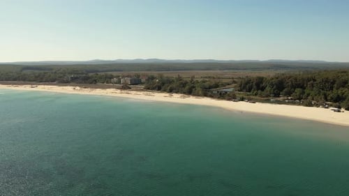 Aerial view of sandy beach and turquoise water, Bulgaria.