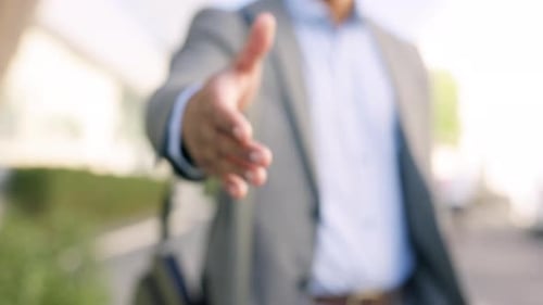 Closeup hand, handshake and businessman in a city for b2b meeting, startup