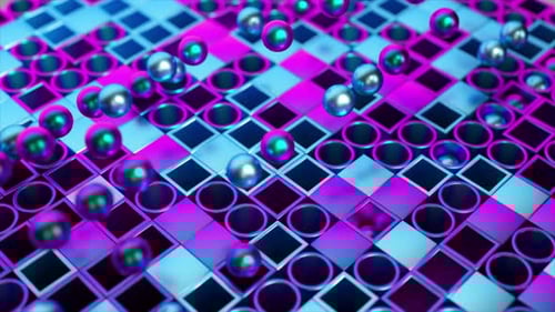 Gleaming Spheres Float Above a Neon Grid a Futuristic 3D Tableau of Motion and Color