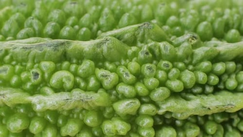 Une gourde amère, un légume souvent utilisé comme ingrédient en cuisine, est posée sur une table en bois.