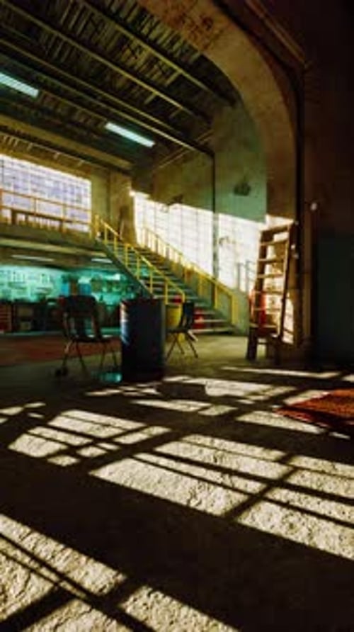 Sunlight Streaming Through Windows of Old Auto Repair Shop