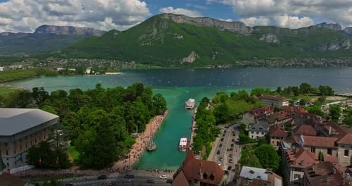 Aerial View of Lake Annecy Ferry and Talloires Cityscape in French Alps France