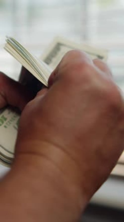 Man Handling US Dollar Bills Close Up Finance Scene Counting Cash Money Payment