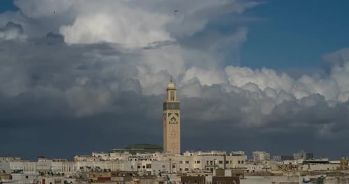 4K cloudy time lapse zoom of Hassan II Mosque in Casablanca, Morocco
