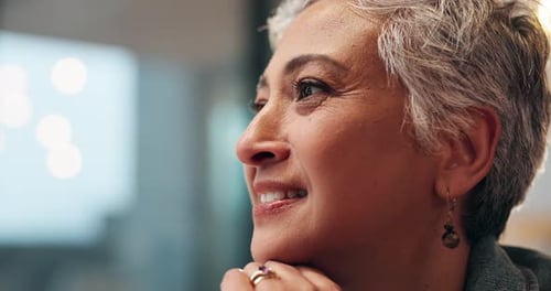 Senior woman, memory and smile at nursing home in retirement with thinking and nostalgia