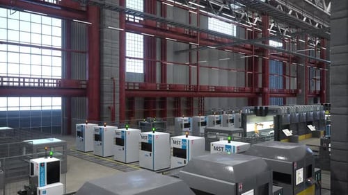 Factory with Rows of Automated Industrial Machines Conveyor Belts 3D Render