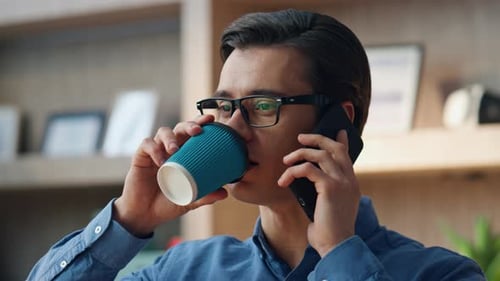 Chilling Man Sipping Coffee Calling Cellphone Closeup Freelancer Enjoying Break