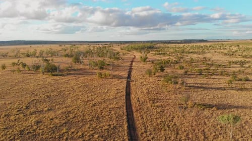 Aerial view of outback landscape with winding road, Australia.