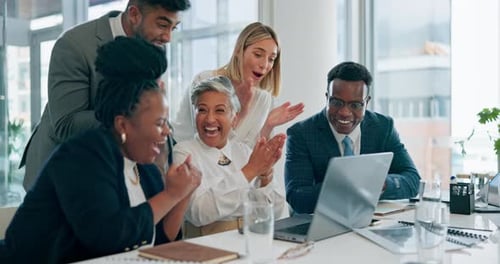 Stock market, team or traders clapping for success in celebration for global news or crypto profit