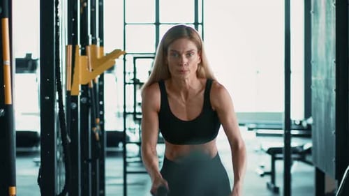 Frau in Fitnesskleidung trainiert bei Tageslicht im Fitnessstudio mit Widerstandsband