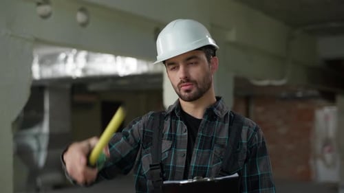 Caucasian Man Inspector Builder Measuring Ruler Building Construction Professional Repairman