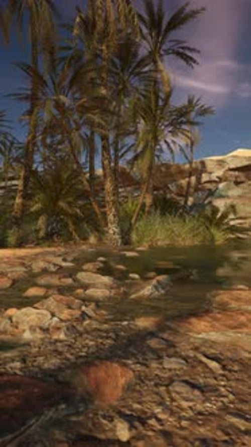 A Digitally Created Landscape Featuring a Serene River and Lush Palm Trees