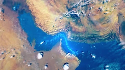 Satellite View of Middle East and Persian Gulf with Strait of Hormuz and Glowing Trade Route Lines