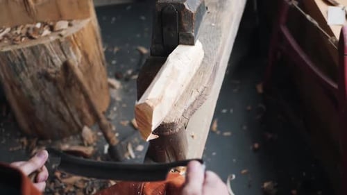 Tracking Shot of Artisan Craftsman Carving Wood on Lathe