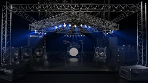Concert Stage with Dynamic Blue Spotlights and Equipment