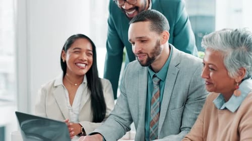 Business people, hello and laptop for online meeting, video call and workshop in office