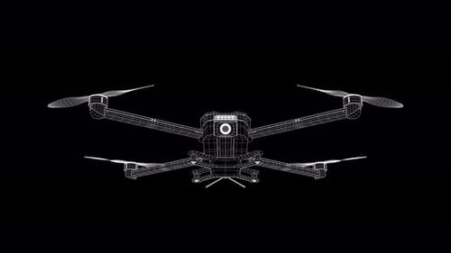 3D-Drahtmodell eines Quadrocopters mit Kamera und rotierenden Propellern