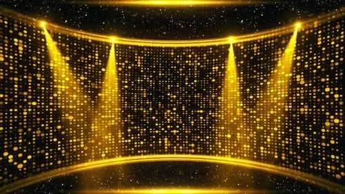 Luxurious Golden Shimmering Stage Background with Spotlight Beams