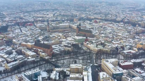 Aerial footage of the Old town square in the city of Krakow, capital city of Poland.