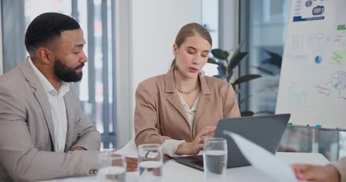 Business people, teamwork and meeting on laptop for data analytics, statistics