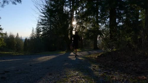Fit Adult Caucasian Man Running on a Trail with Green Trees in Forest Slow Motion