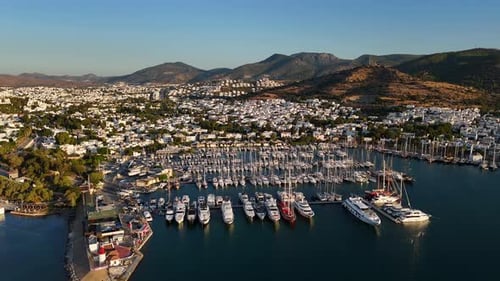 Aerial View Of Bodrum Marina With Yachts And White Houses