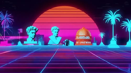 Eine lebendige futuristische Retro-Landschaft mit atemberaubenden Statuen und faszinierenden Neonelementen