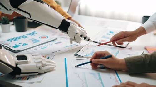 A modern office where AI-driven analytics tools provide insights, track trends, and optimize busines