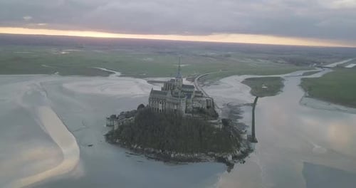 Drone aerial shot of Mont Saint Michel in Normandy France.
