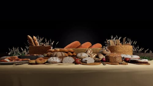 Rustic Baked Goods and Bread Display with Wheat Harvest