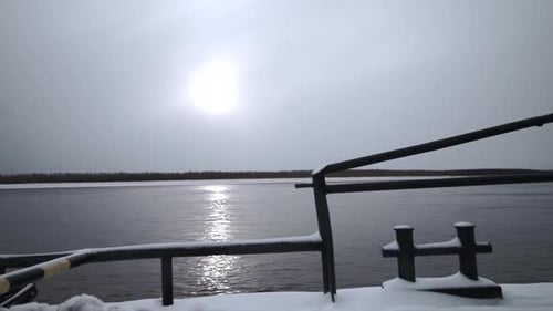 Sea Vessel with Snow Floating on River Clip Sailing on Sea Vessel Along River on Winter Day Closeup