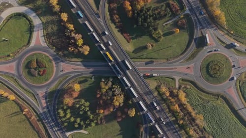 Aerial View of Highway Overpass Intersecting Double Roundabout Traffic Circles
