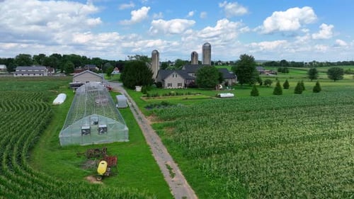 Aerial approaching shot of farm house with silo, crop land fields and green house. American Amish co