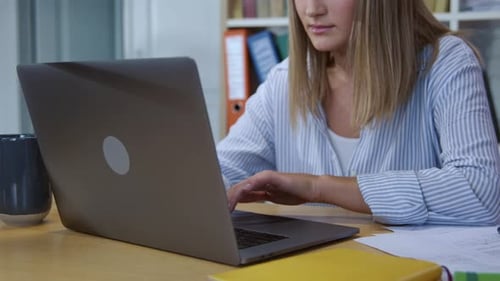Attraktive junge Führungskraft, die am Laptop arbeitet und lächelt und hat einen ausgezeichneten Job in der Moderne