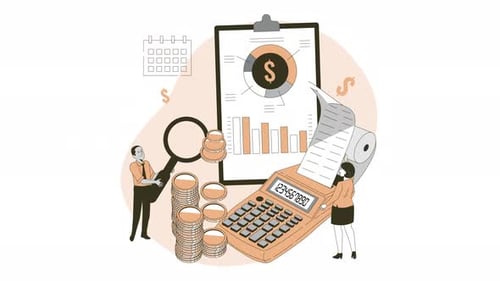 Person making a financial analysis, doing accounts with a calculator, expense control animation 4k