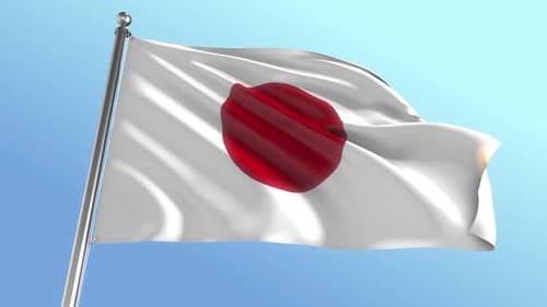 Realistic Japan National Flag Waving in Clear Blue Sky
