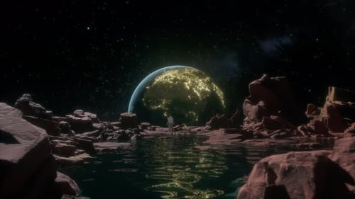 Astronaut on a Rocky Alien Planet Looking Back at the Glowing Earth at Night