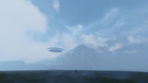 3D-Abbildung. Kontakt mit einem UFO in den Bergen im Nebel
.