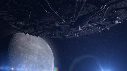 Futuristic Spaceship Flying Over Moon in Deep Space
