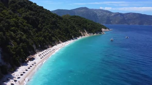 Aerial view of the paradise beach with turquoise water of Gidaki on the island of Ithaki or Ithaca i