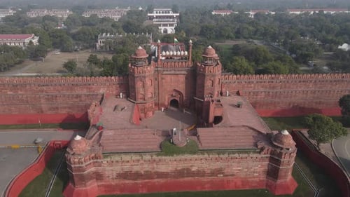 Aerial Drone clip of Red Fort ,Chandni Chowk in Old Delhi india