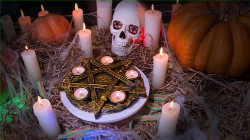 En una cripta oscura, decoración de Halloween, pentagrama giratorio entre misteriosas velas, calaveras y calabazas