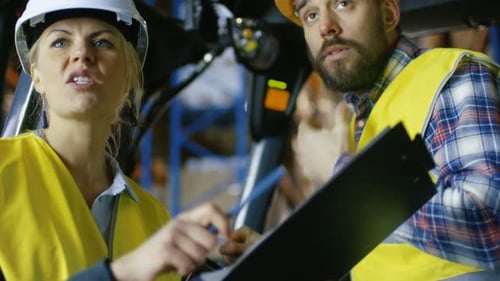 Female Manager with Clipboard Gives Working Assignment to Forklift Driver. They're in a Big Warehou