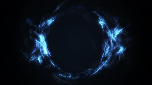 Blauer Teilchenenergiering leuchtet auf dunklem Hintergrund mit Staubblitzen und kreisförmiger Lichtbewegung