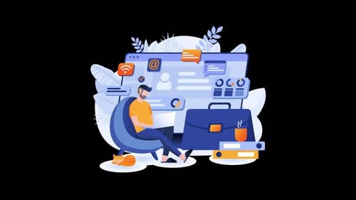 A modern workspace with a male worker in an orange shirt