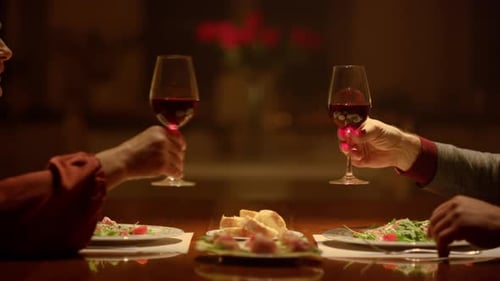 Elegant Senior Couple Toasting Wine Over Romantic Dinner