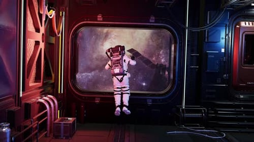 Astronaut Floating in Space Station Gazing at Galaxy