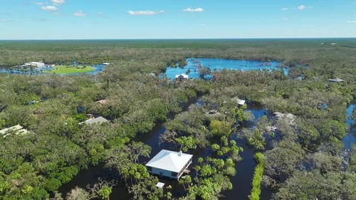 Flooded Houses By Hurricane Ian Rainfall in Florida Residential Area