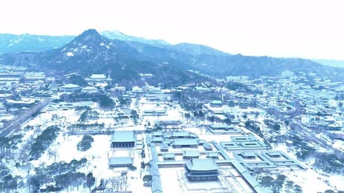 Aerial View of Jongno in Seoul, South Korea, Snowy winter